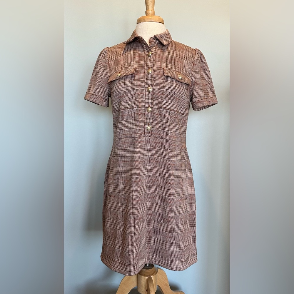 Loft Plaid Collared Mini shift dress front button browns short sleeve size 6 - Picture 2 of 16